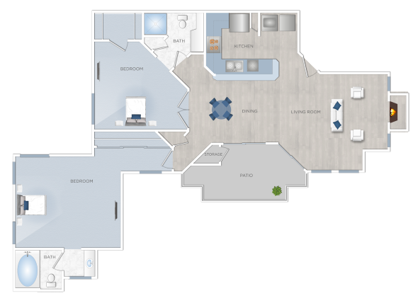 Floor plan for 2 beds, 2 baths, 1015 sqft